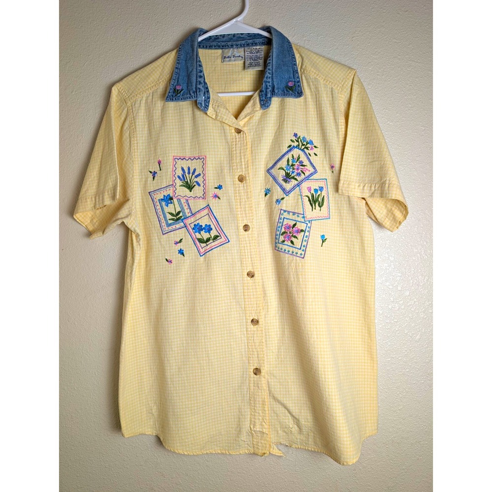Bobbie Brooks Women's M Yellow Gingham Collared Button-Up Embroidered Cotton